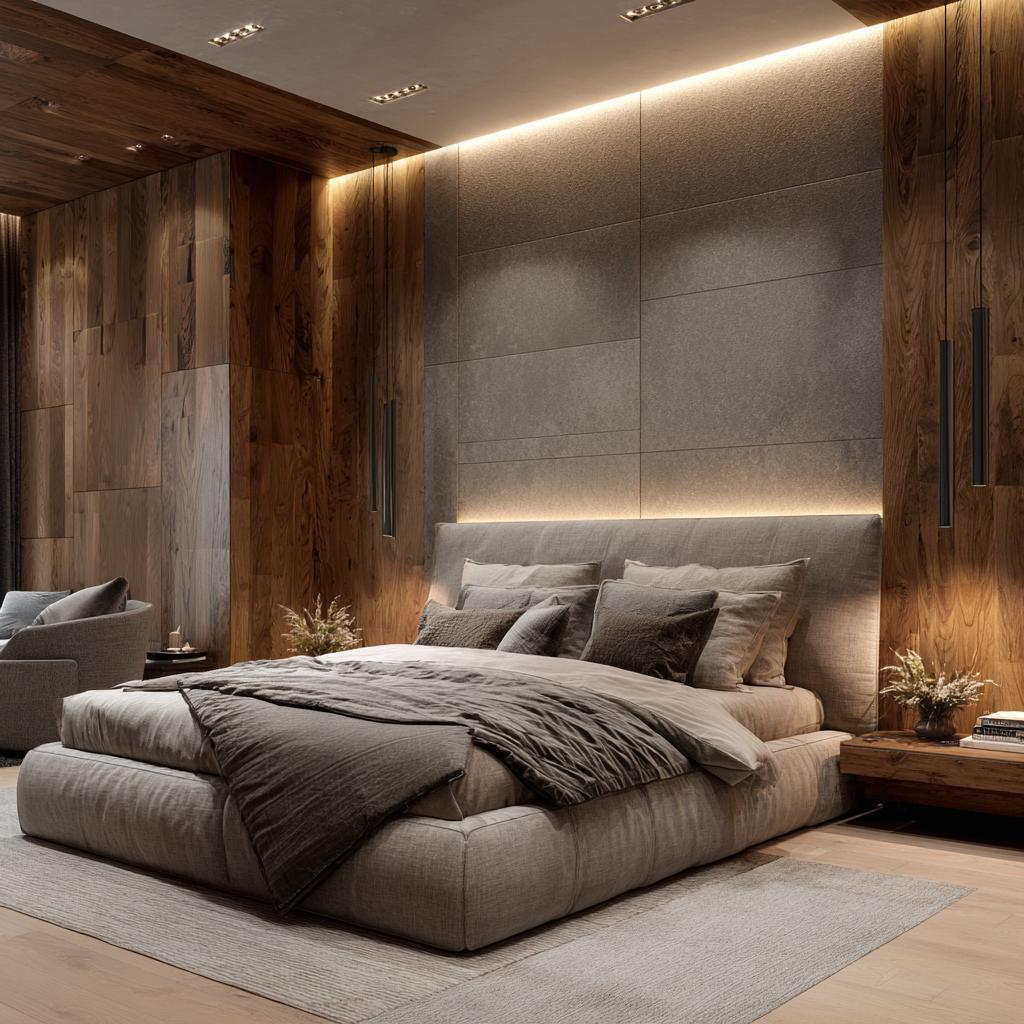 Dramatic charcoal bedroom pvc wall panels paired with rustic wood finishes and warm glow.