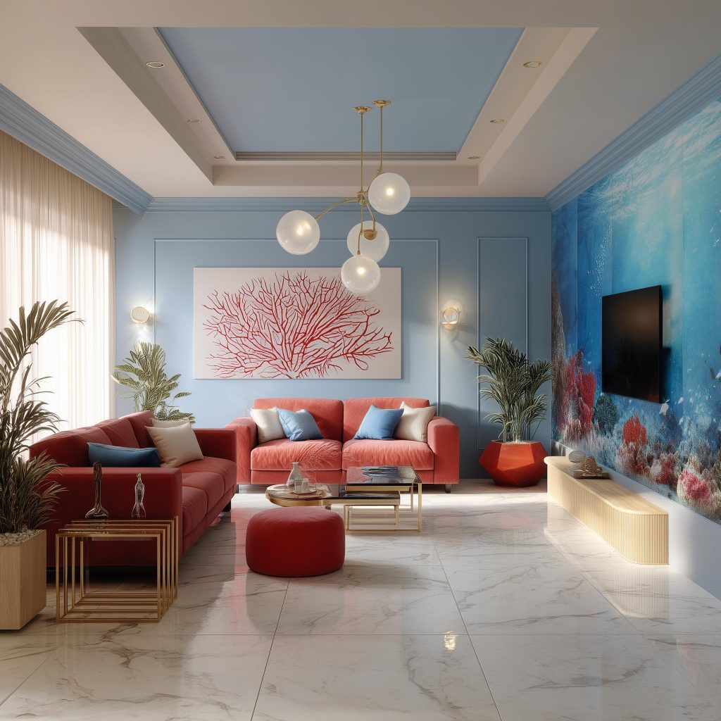 A calming sky blue and cream pop ceiling colour combination for hall with globe lights.