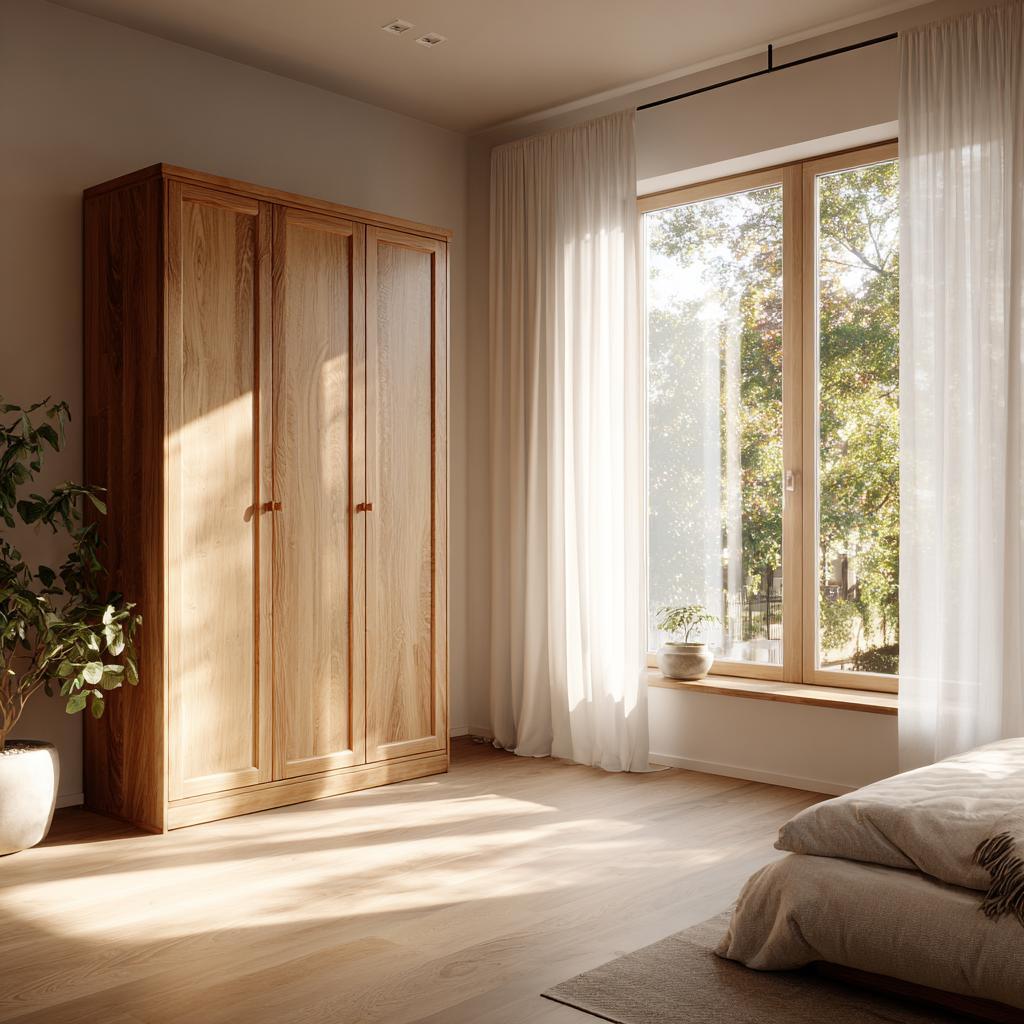 Classic wooden wardrobe designs for bedroom featuring solid oak panels and hinged doors.