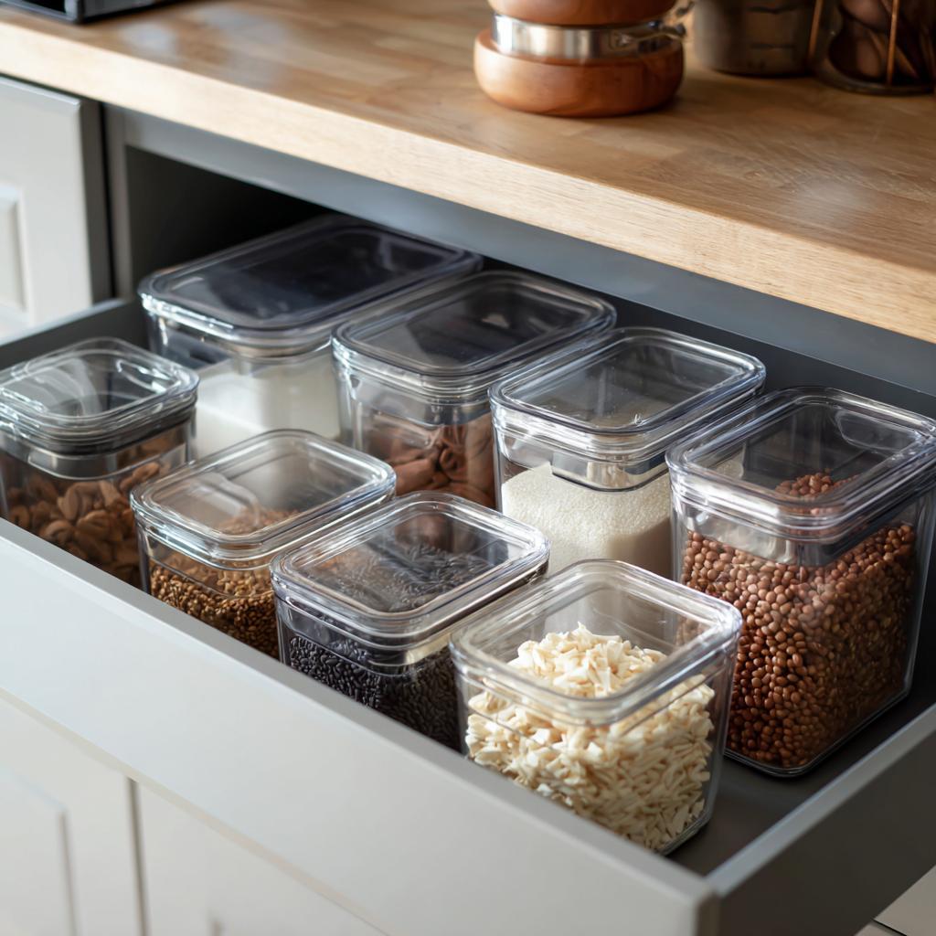Transparent airtight containers for grains neatly arranged inside a kitchen tandem box.