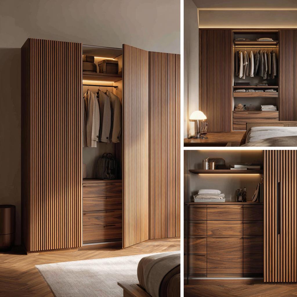 Textured fluted panels on the latest wardrobe designs for bedroom 2026 with warm lighting.