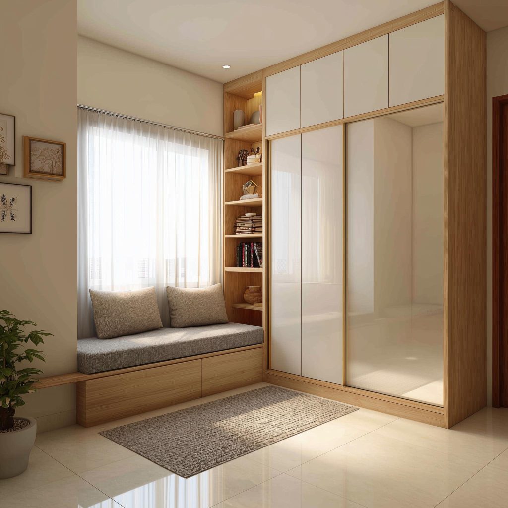 Modern latest wardrobe designs for bedroom with sliding mirror doors and wooden shelves.
