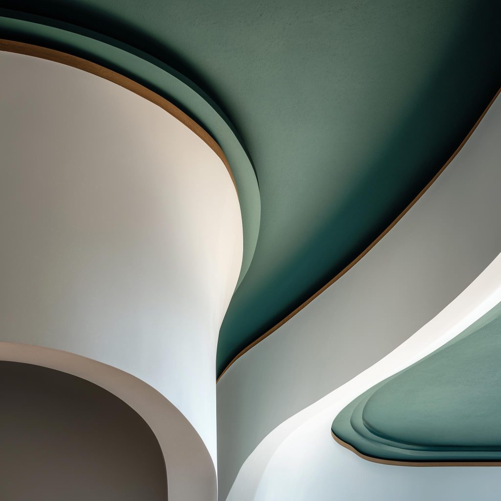 Architectural teal and white ceiling pop colour combination with flowing curved layers.
