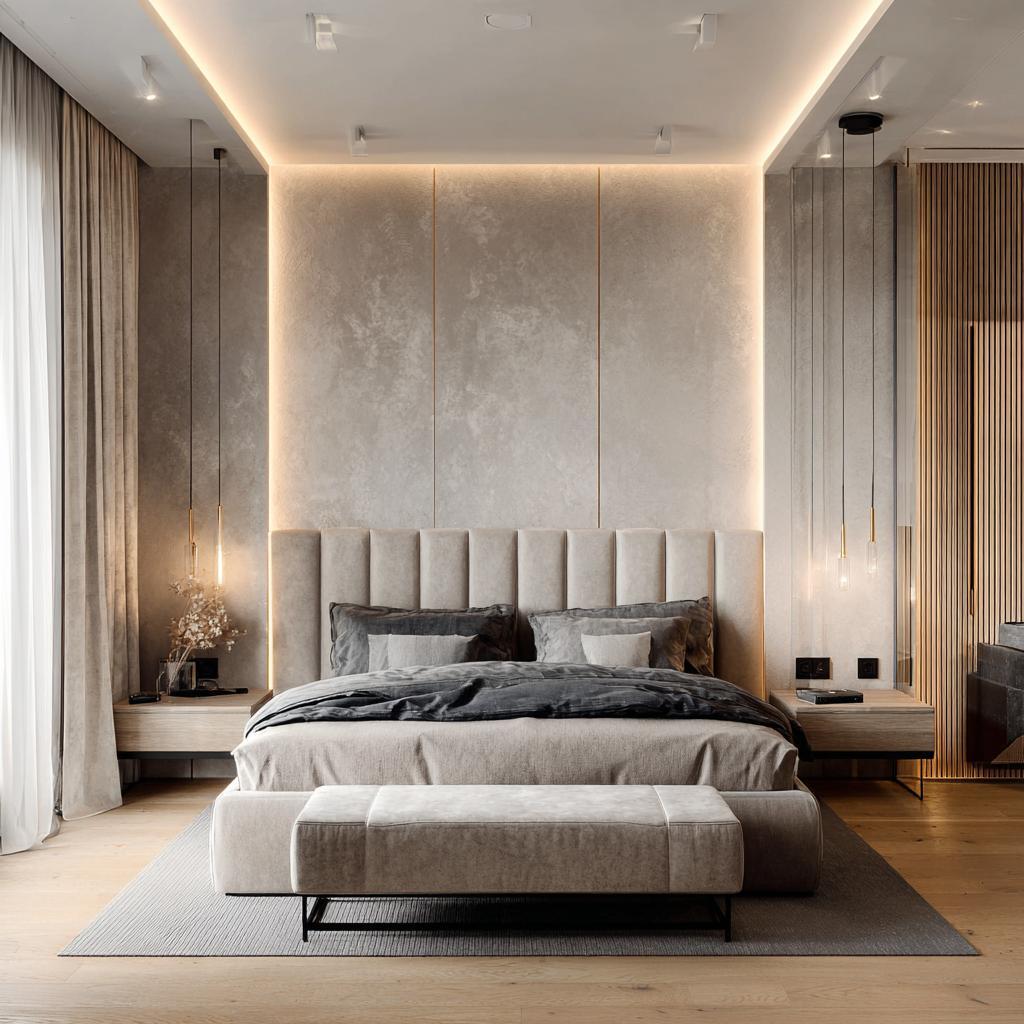 Large textured pvc wall panels in bedroom with golden cove lighting and a plush headboard.