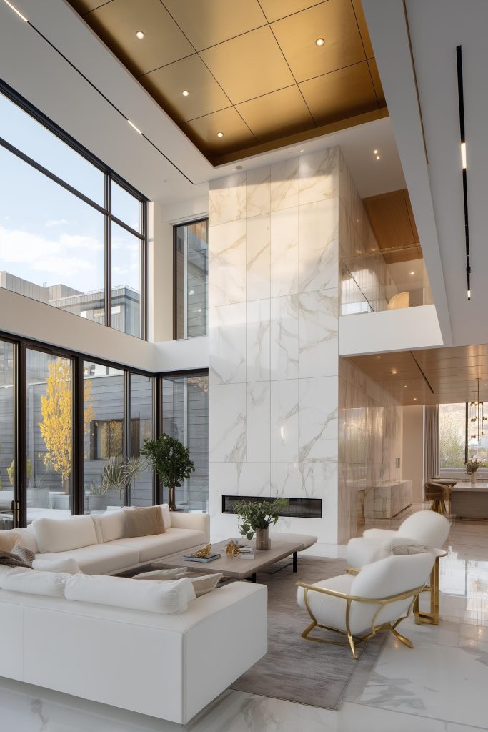 A grand ivory and metallic gold pop color combination for hall with high ceilings.