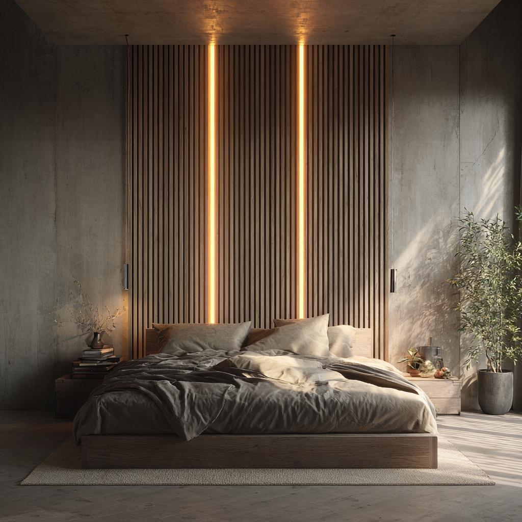 Vertical wooden slats for master bedroom PVC wall panels for bedroom with warm backlight.
