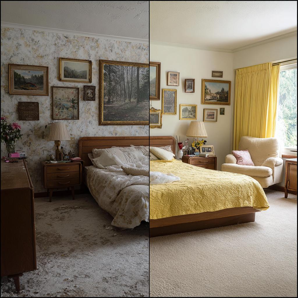 A split comparison of a master bedroom renovation before and after showing a modern upgrade.