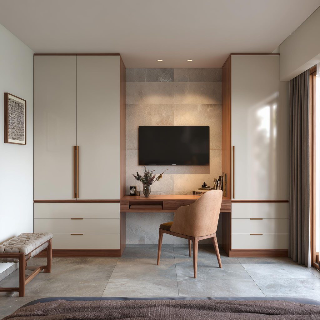 A modern bedroom design with wardrobe units flanking a central TV console and study desk.