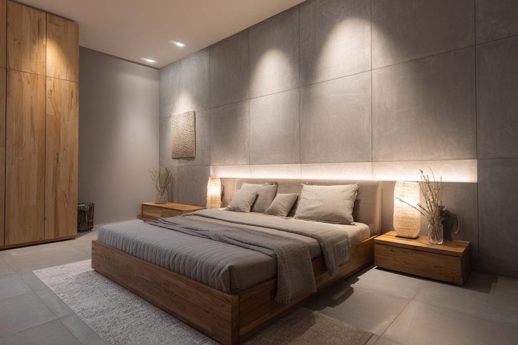 Expert bedroom renovation tips for using ambient lighting and grey textured wall panels.