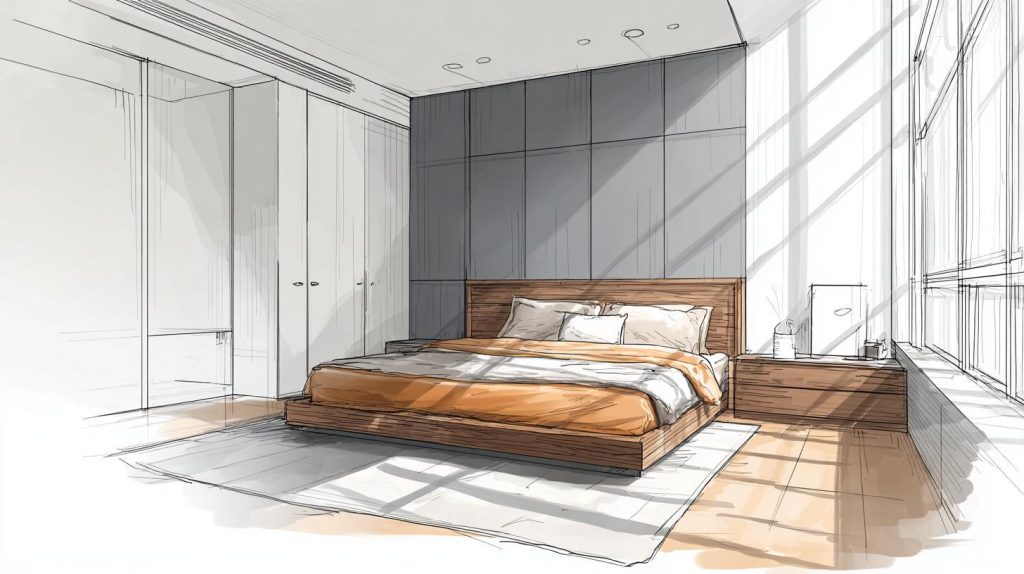 A creative bedroom remodel sketch showing wooden furniture and a large window layout.