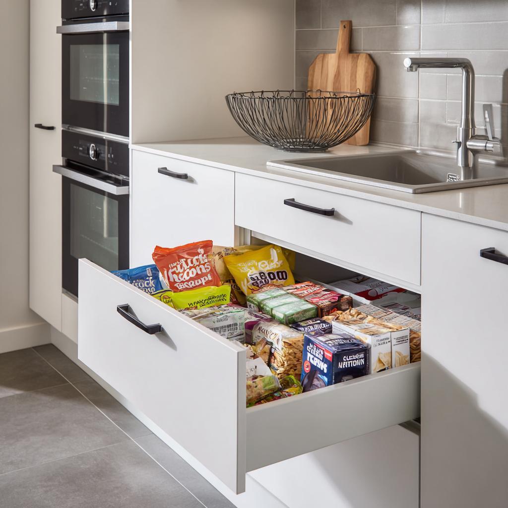 Organised pantry items inside a white modular kitchen tandem box with sleek handles.