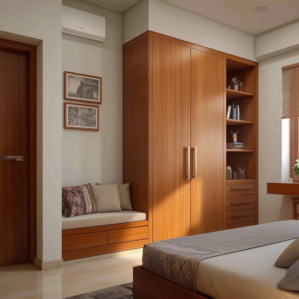 A practical bedroom wardrobe design with warm wood textures and an integrated window seat.