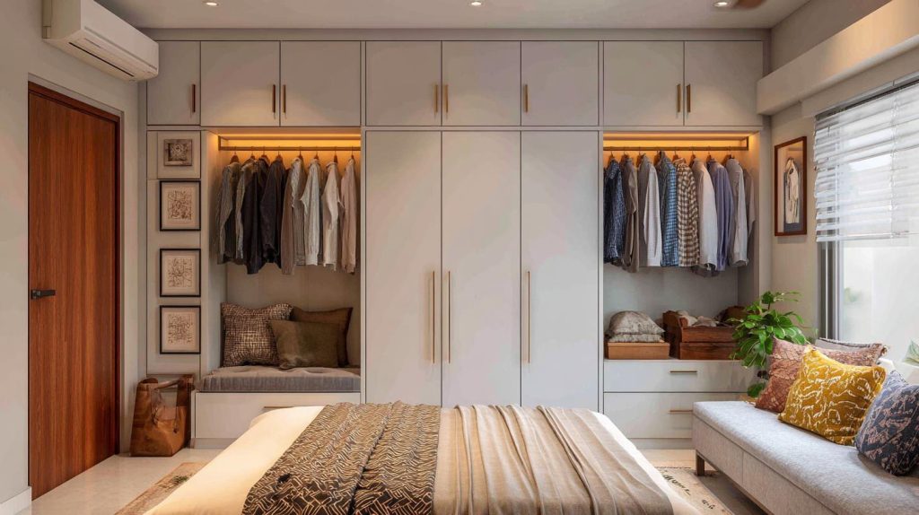 Stunning best wardrobe designs for bedroom with white laminate shutters and gold handles.