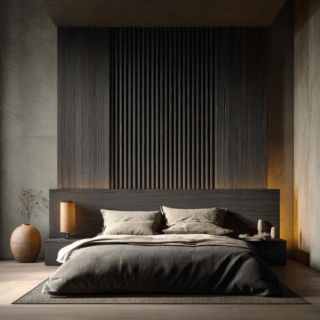 A charcoal slatted bedroom pvc wall design creating a moody and modern headboard accent.