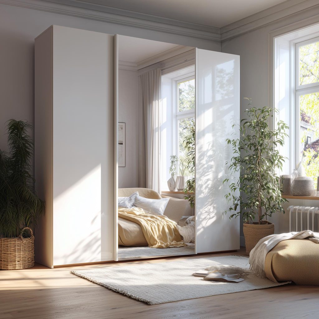 Large corner wardrobe designs for bedroom with white glossy shutters and a center mirror.