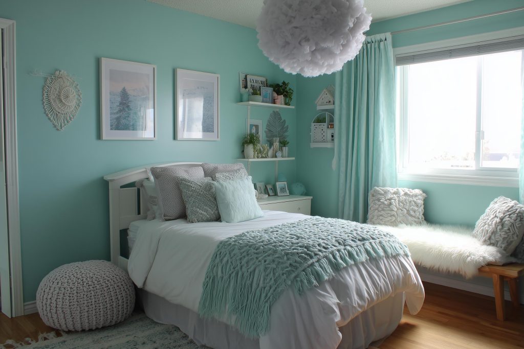 Aesthetic childrens bedroom renovation ideas featuring teal walls and fluffy white decor.