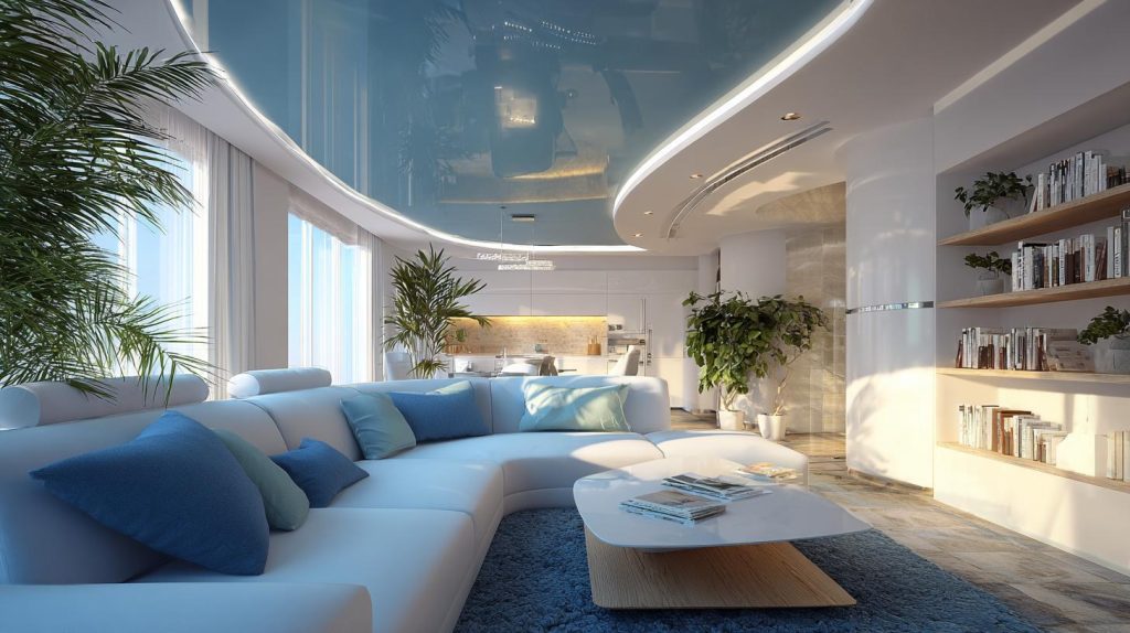 A glossy blue and white pop ceiling colour combination for hall with curved light tracks.