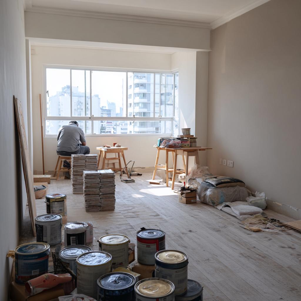 Professional workers starting an old bedroom renovation with paint cans and floor tiling.