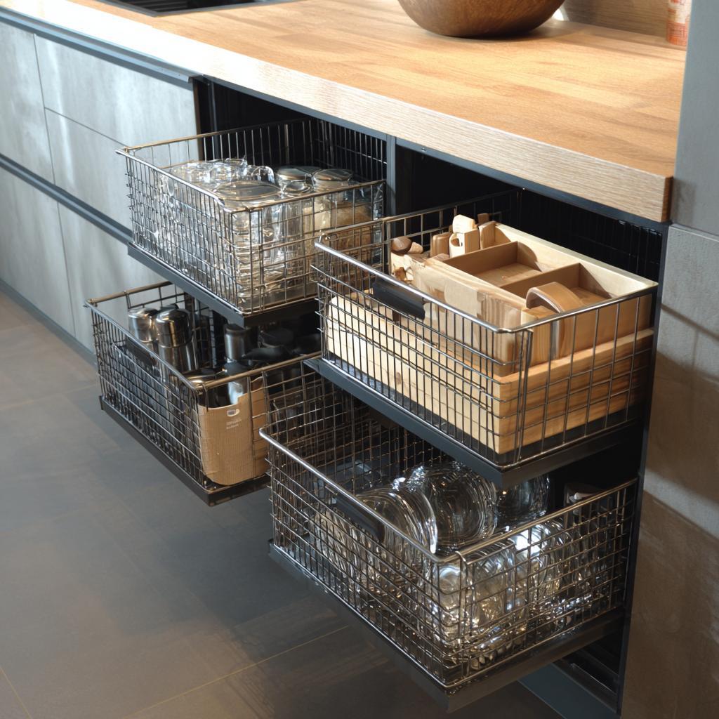 Wire storage baskets featuring wooden dividers similar to premium tandem box accessories.