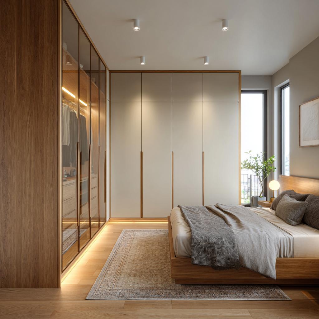 An L-shaped bedroom wardrobe design with glass-fronted panels and matte beige shutters.
