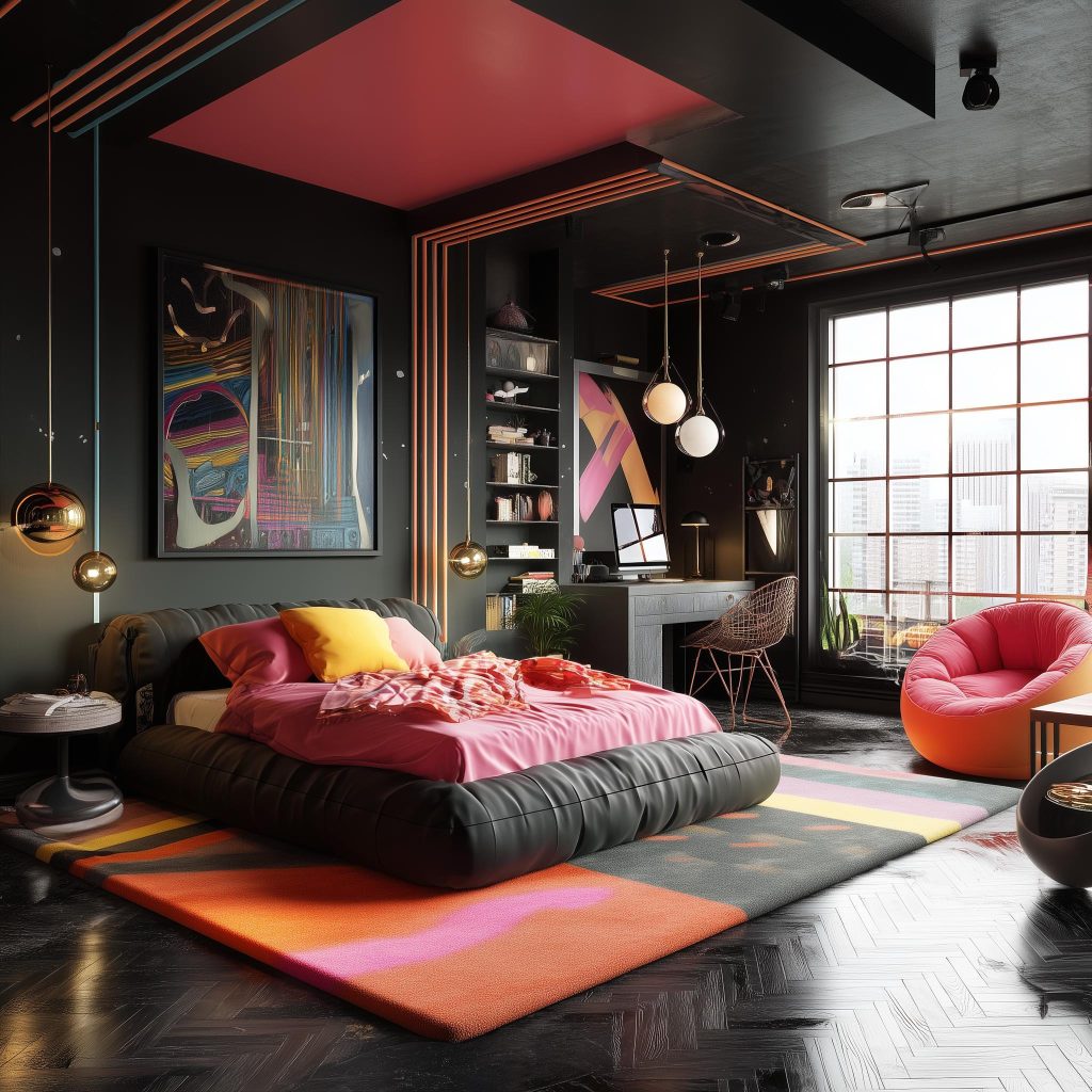 Dramatic black and pink pop color combination for bedroom with integrated neon strip lights.