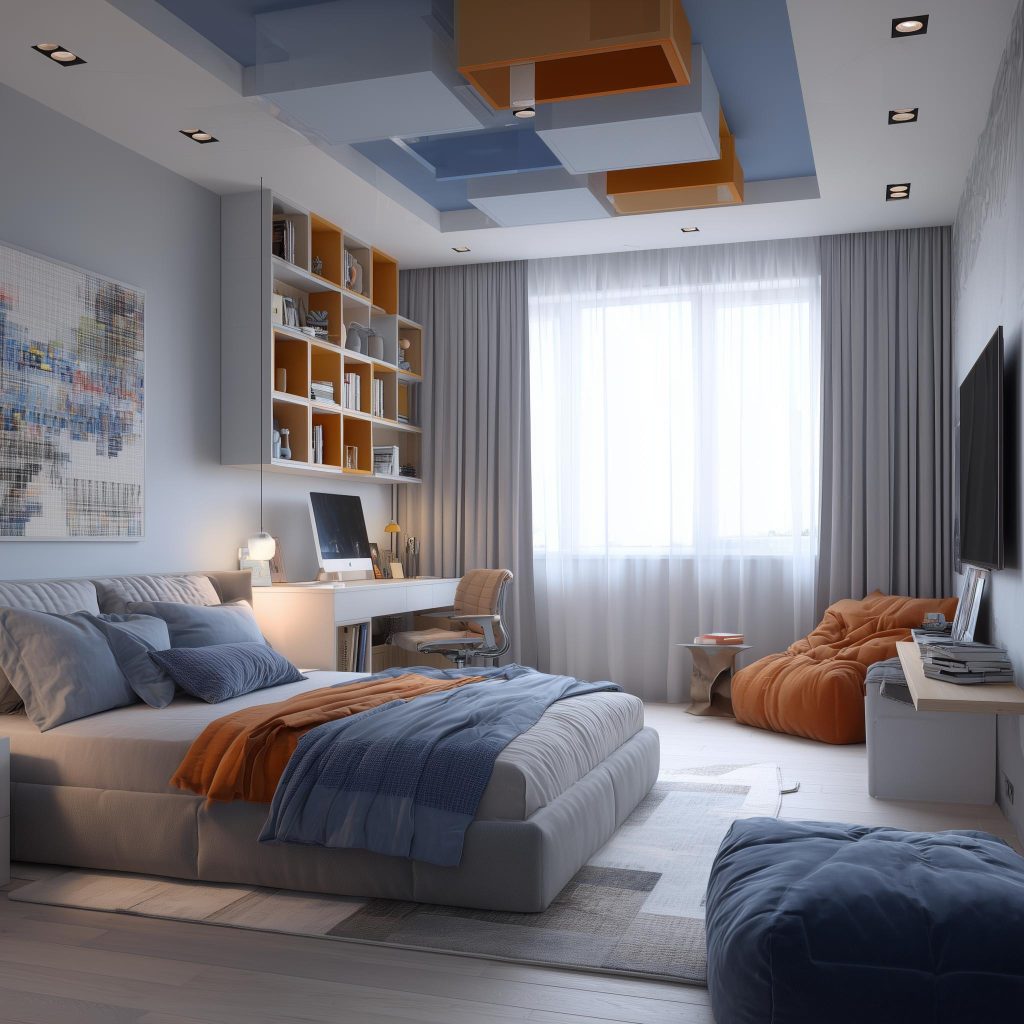 Modern blue and orange pop color combination for bedroom with geometric box panel designs.