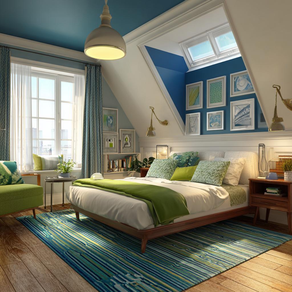 Vibrant teal and white pop color combination for bedroom with slanted attic roof lines.