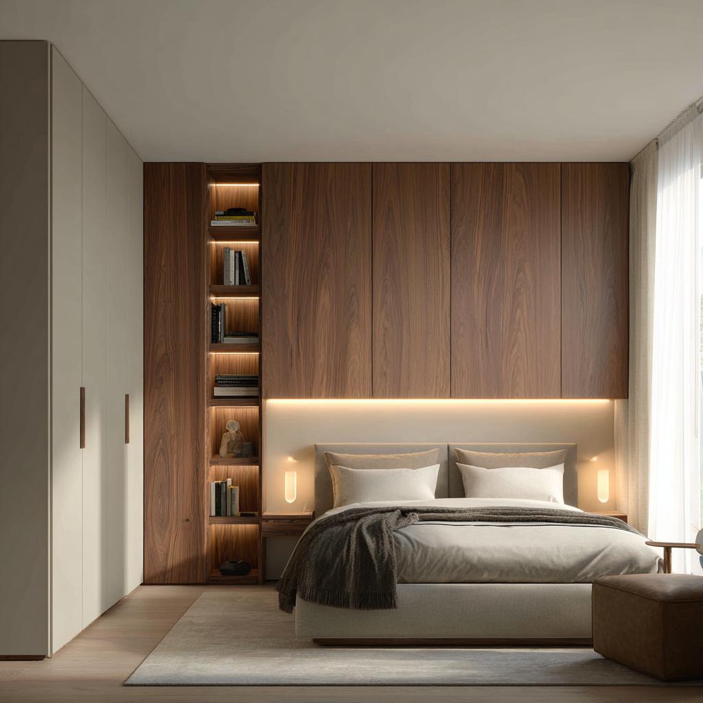 L-shaped corner wardrobe designs for bedroom with walnut overhead units and LED lighting.