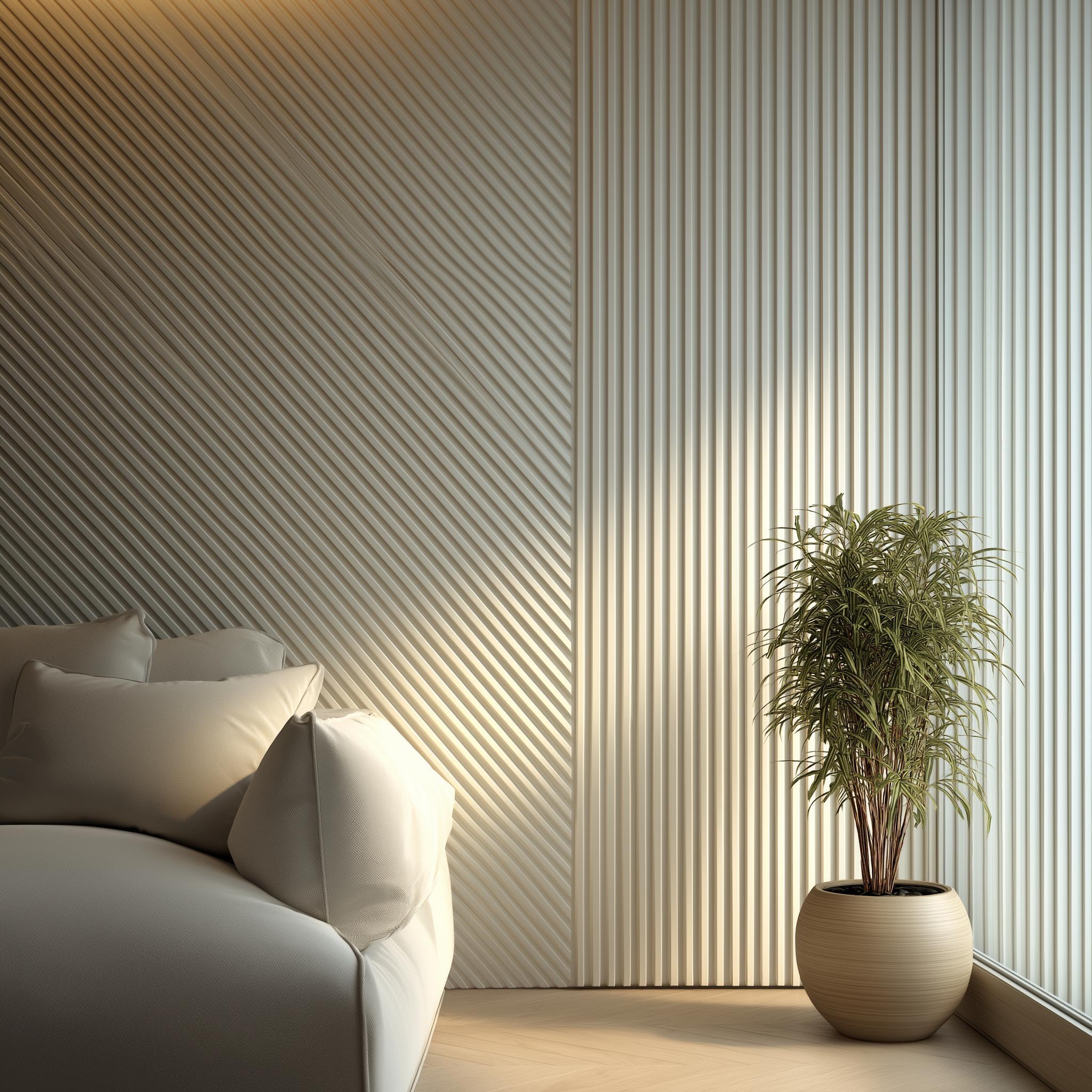 Modern geometric white pvc design for bedroom wall with diagonal and vertical line patterns.