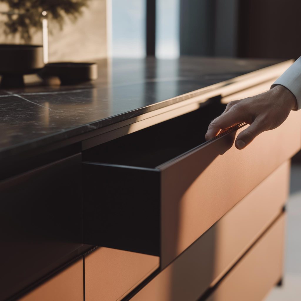 A hand opening a handle-less dark brown kitchen drawer tandem box with smooth motion.