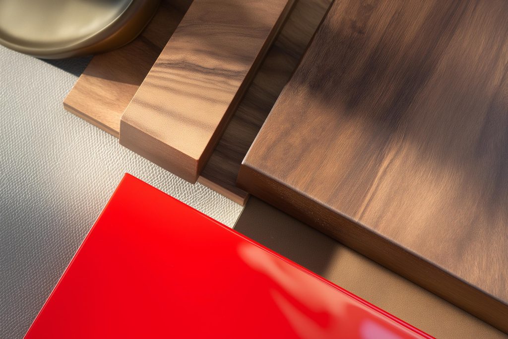 Glossy red and dark walnut wood panels featuring the latest material for kitchen cabinet.