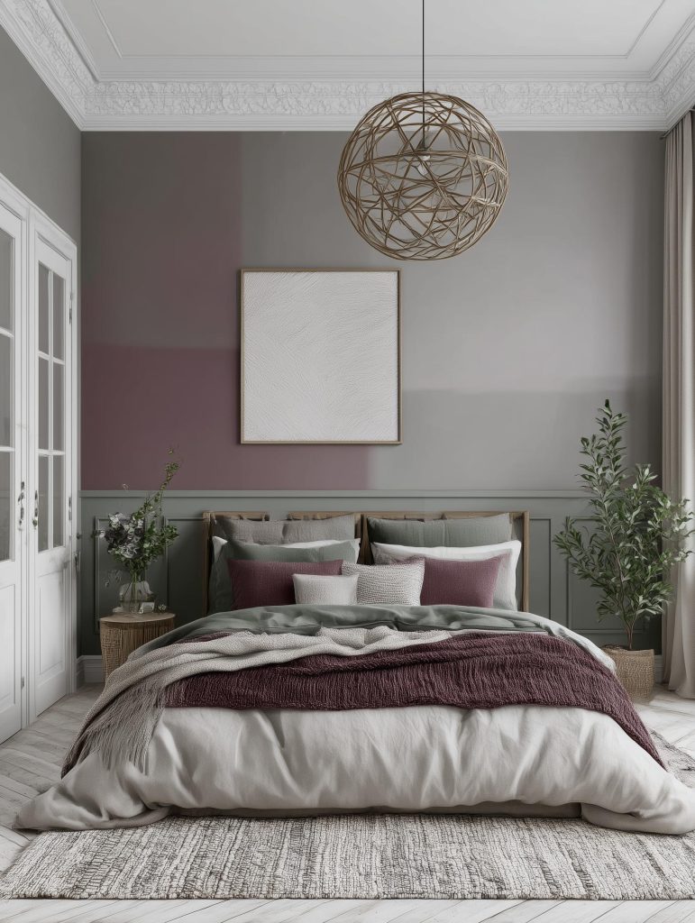 Deep wine and grey color blocking for romantic wall painting designs for bedroom spaces.