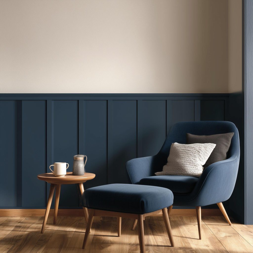 Deep navy paneling used for romantic wall painting designs for bedroom cozy reading nooks.