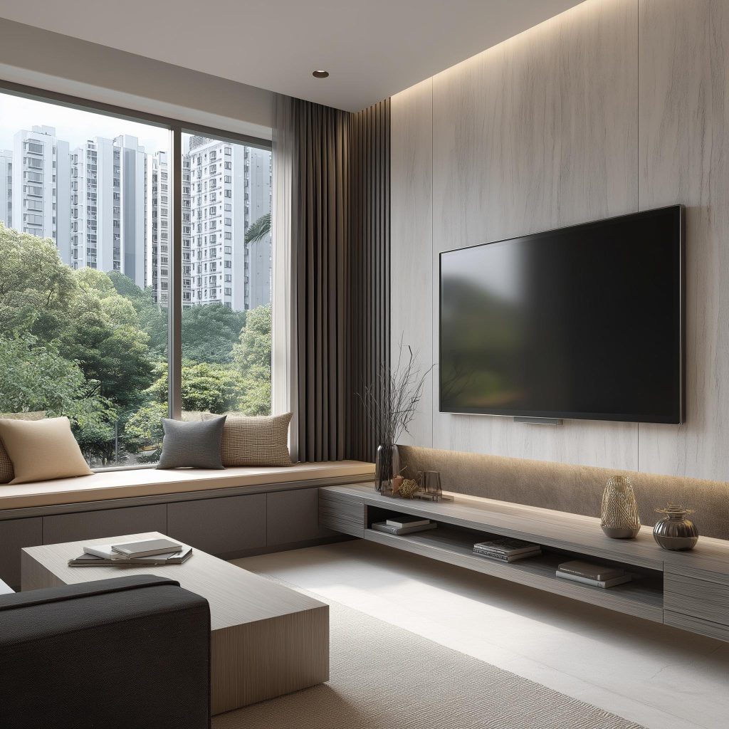 Sleek grey and wood tv panel designs for living room with city views and window seating.