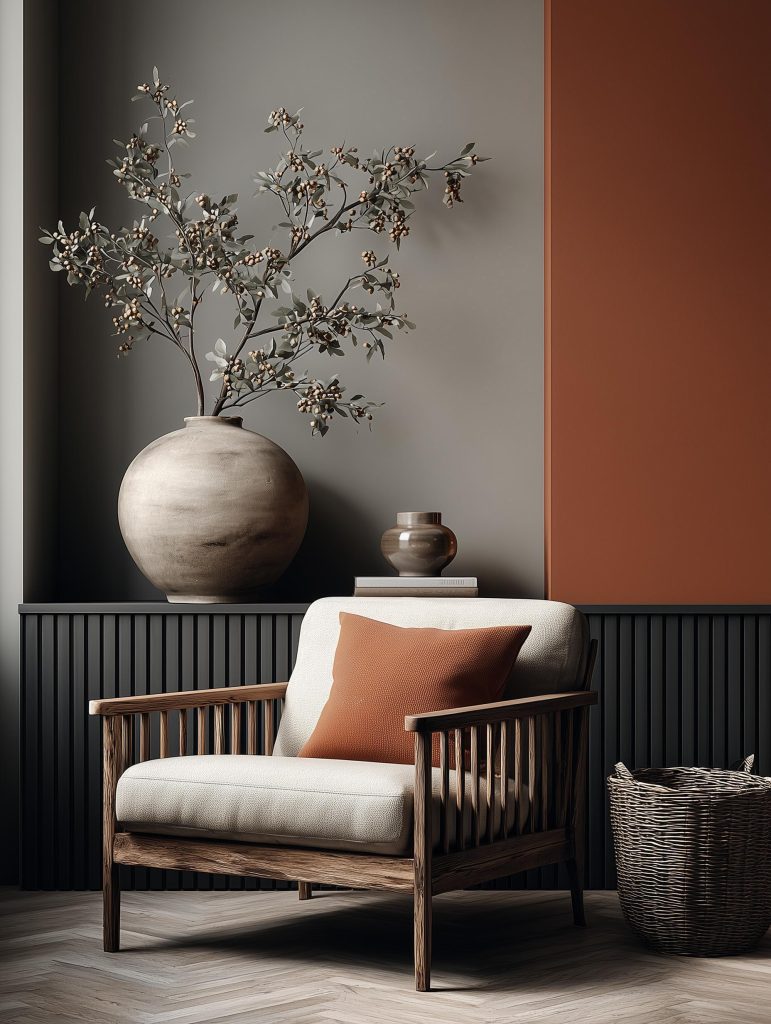 Sophisticated terracotta and gray split in wall painting designs for bedroom decor themes.