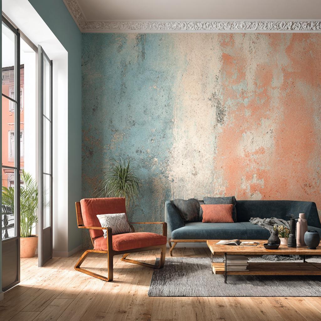 A distressed blue and peach texture creates a unique wall painting design in a living area.