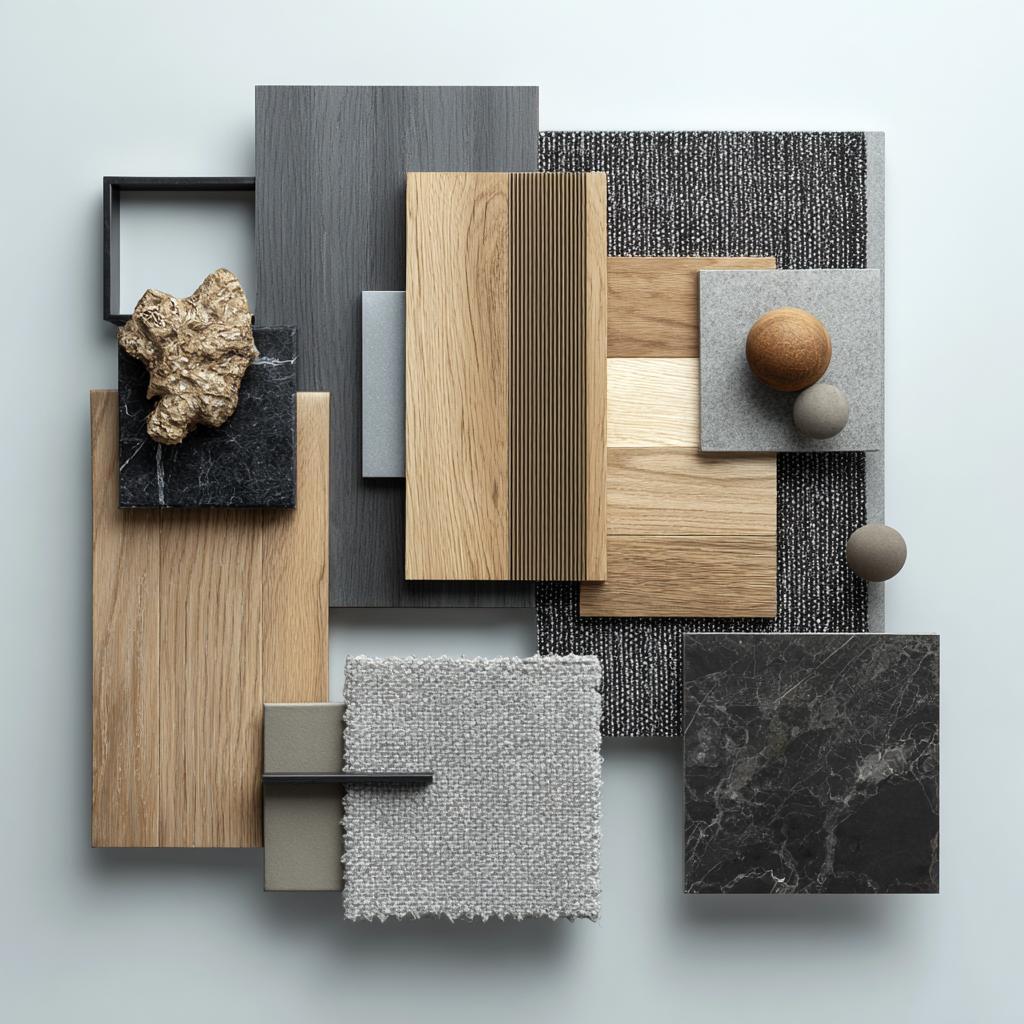 Collage of wood, stone and fabric samples representing types of kitchen cabinets materials.