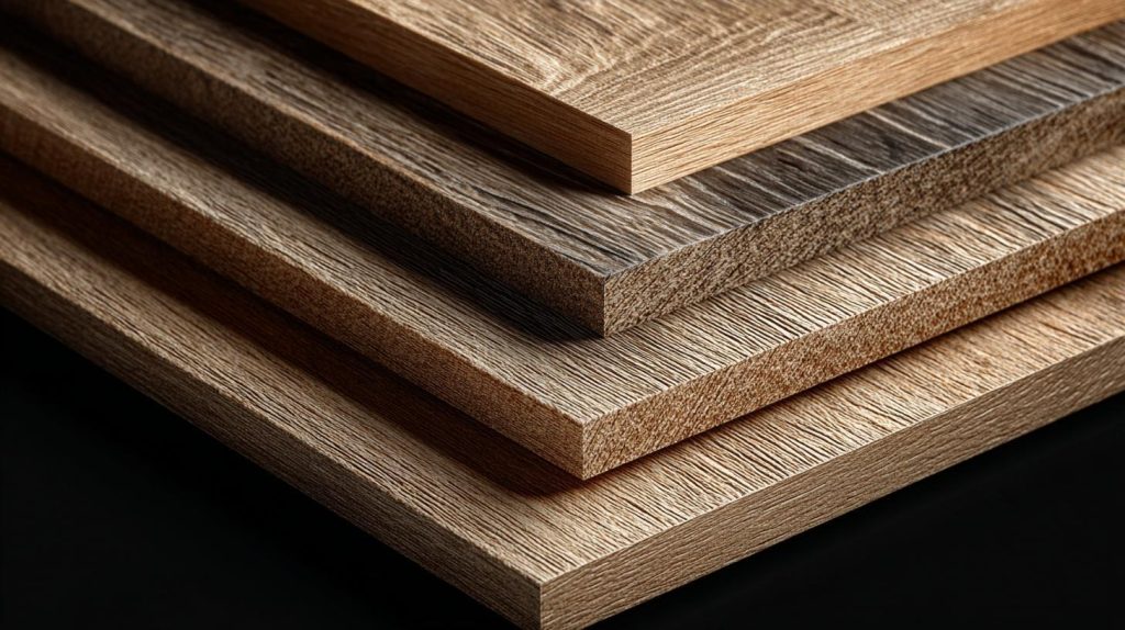 Stacked wood textured panels showing a comprehensive kitchen cabinet materials list options.