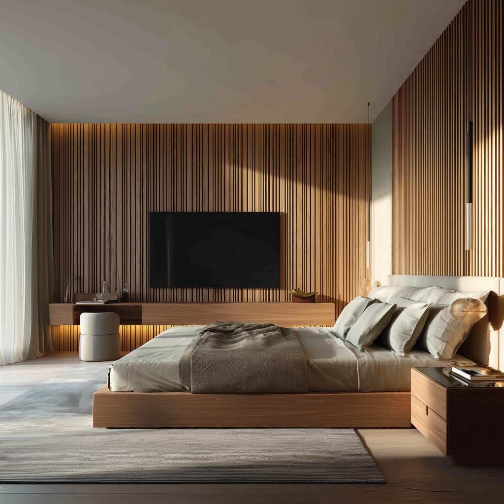 Minimalist wooden slat tv panel design for bedroom with ambient warm mood lighting.