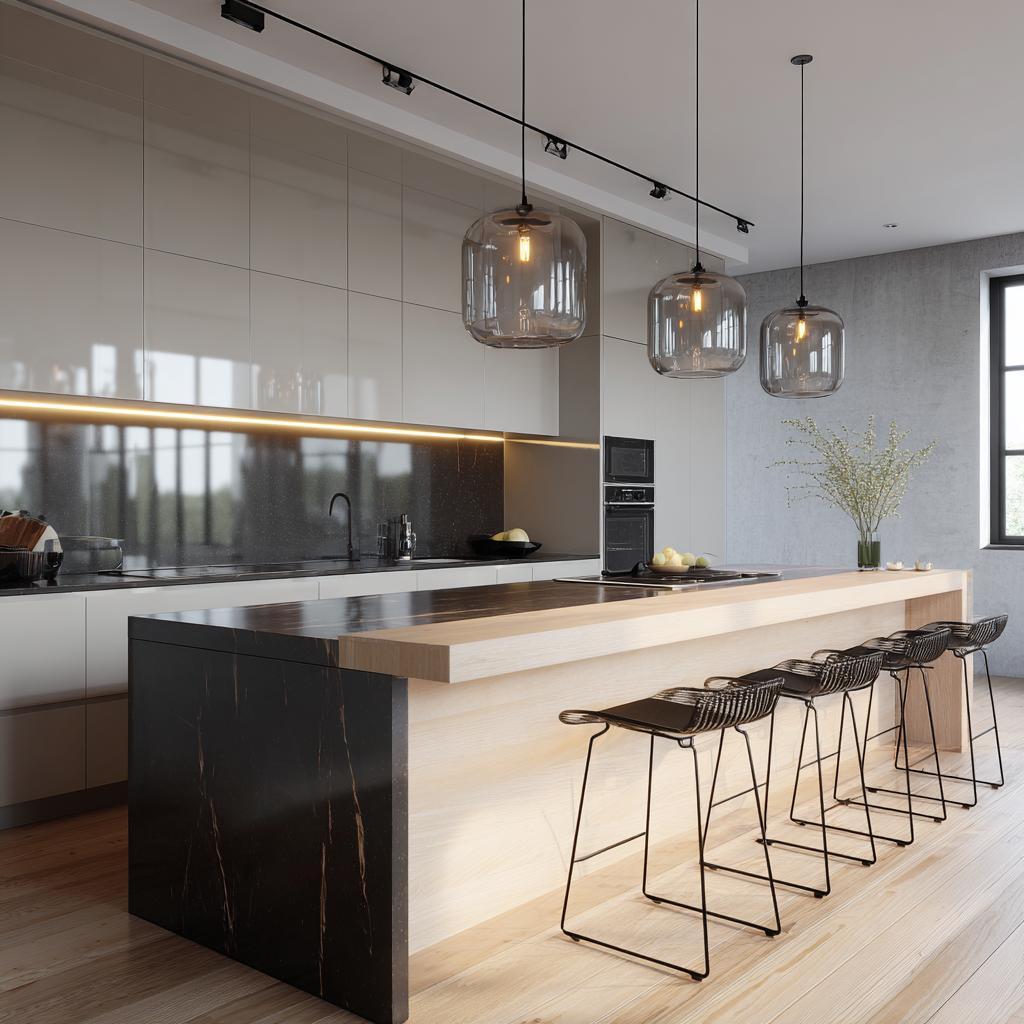 Black marble island and glossy cabinets to show waterproof material for kitchen cabinets.