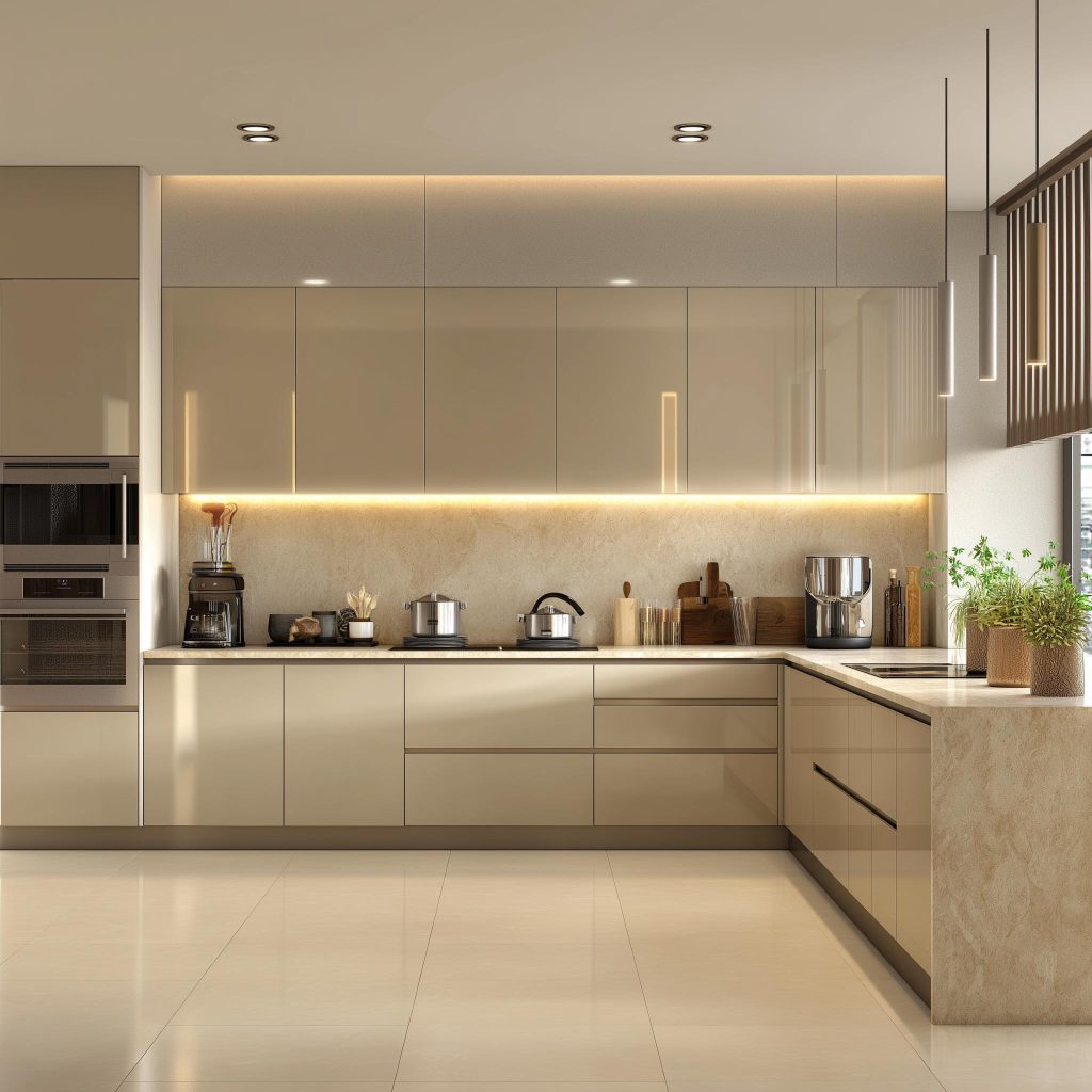 Beige modular setup showcasing the best material for kitchen cabinets in india homes.