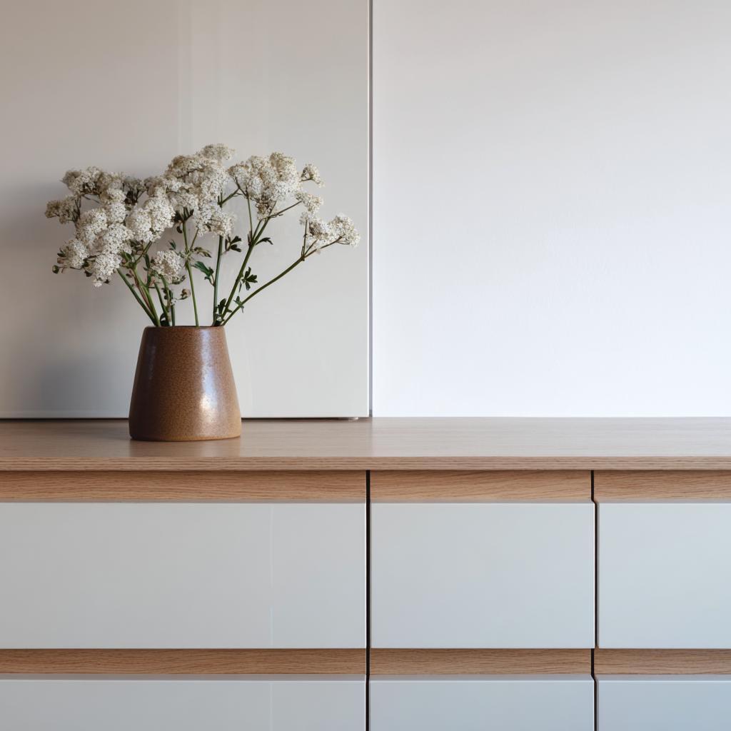 Modern white and light oak finish used as the best material for modular kitchen cabinets.