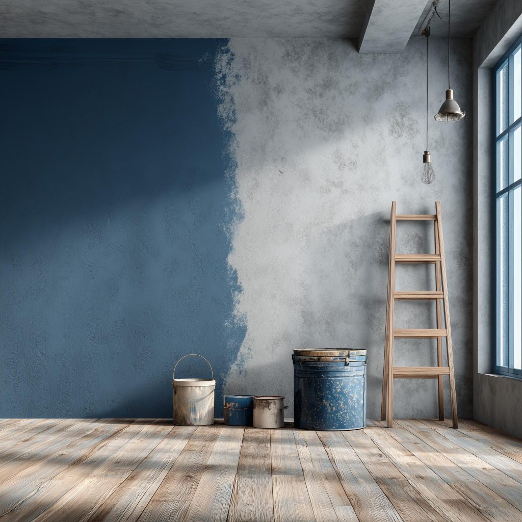 A deep blue accent color being applied for a fresh house wall painting design makeover.