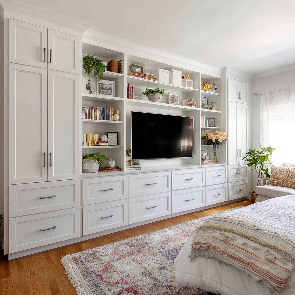White floor to ceiling storage and library framing a modern integrated tv panel unit.