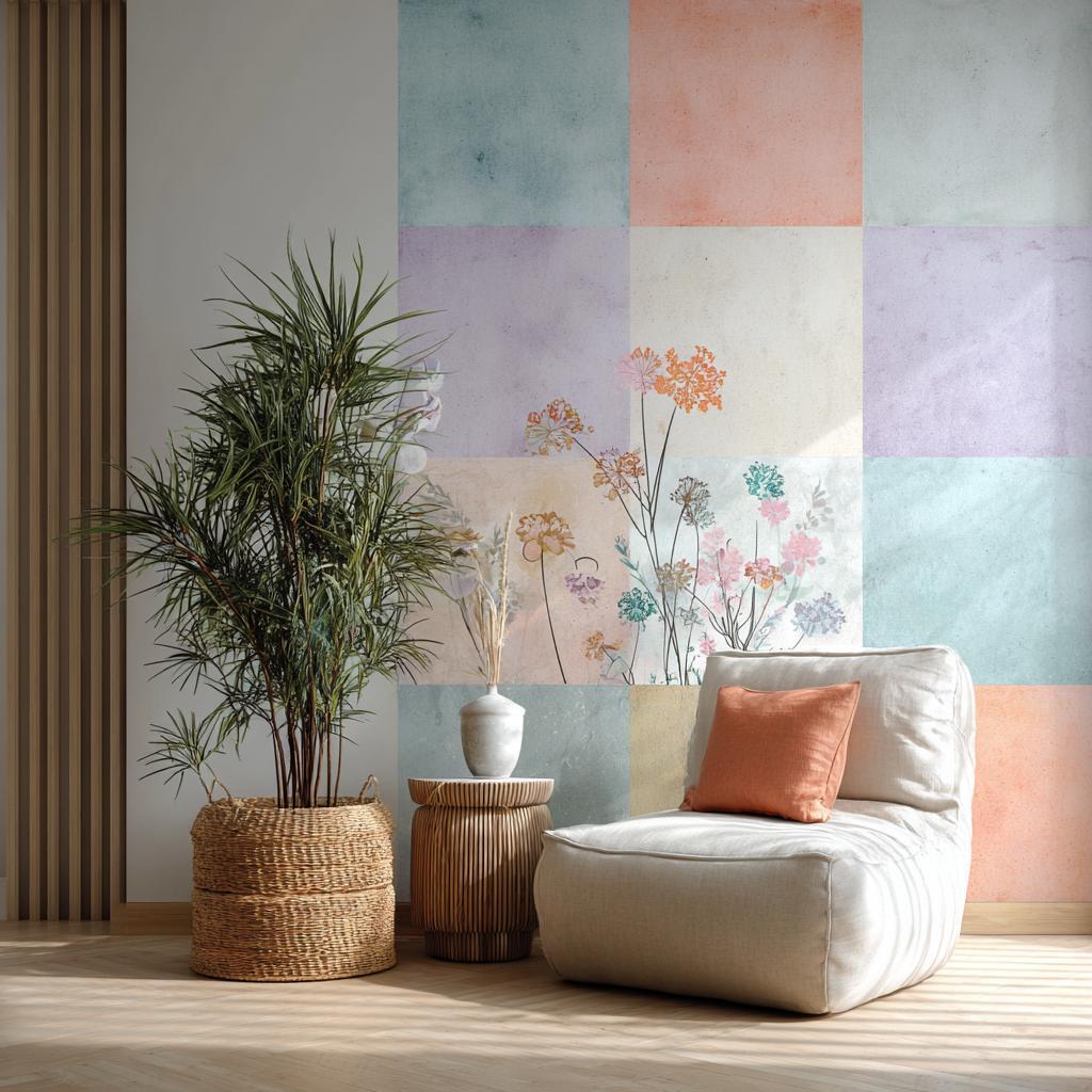 Colorful pastel checks and floral details in wall painting designs for hall environments.