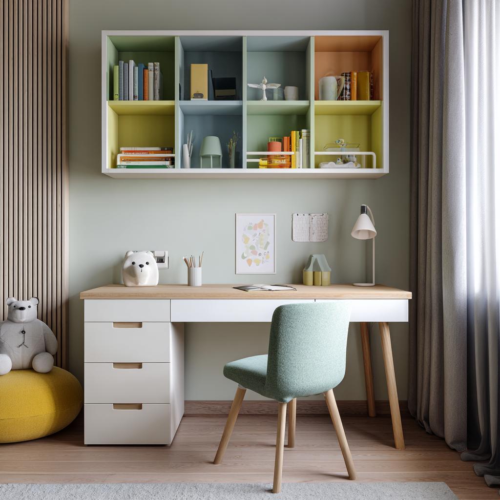 Soft sage backdrop for organized wall painting designs for study room and creative spaces.