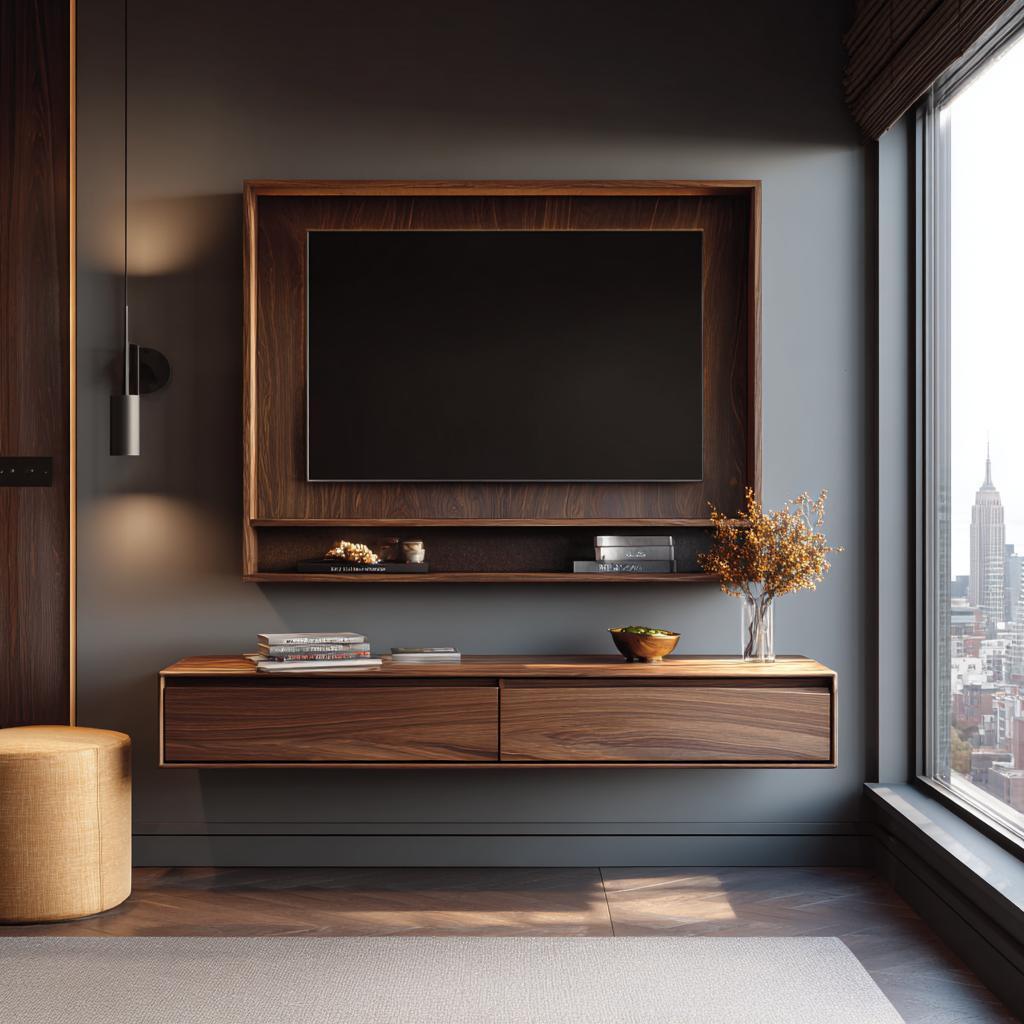 Recessed wood frame in a compact tv panel design for small bedroom with grey accents.