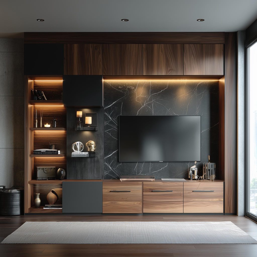 Integrated storage in a dark marble tv panel design for master bedroom with lighting.