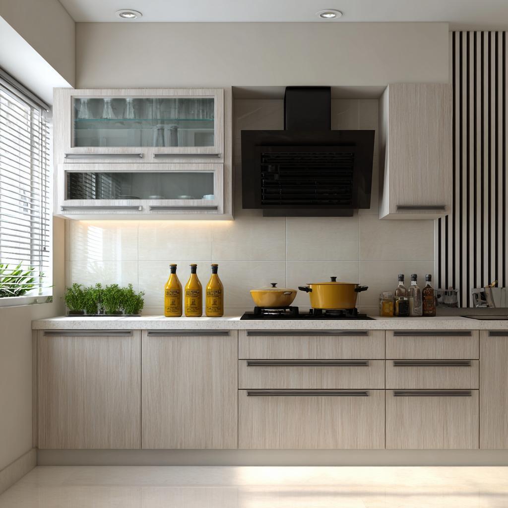 Light wood cabinetry featuring durable pvc material for kitchen cabinets near heat area.