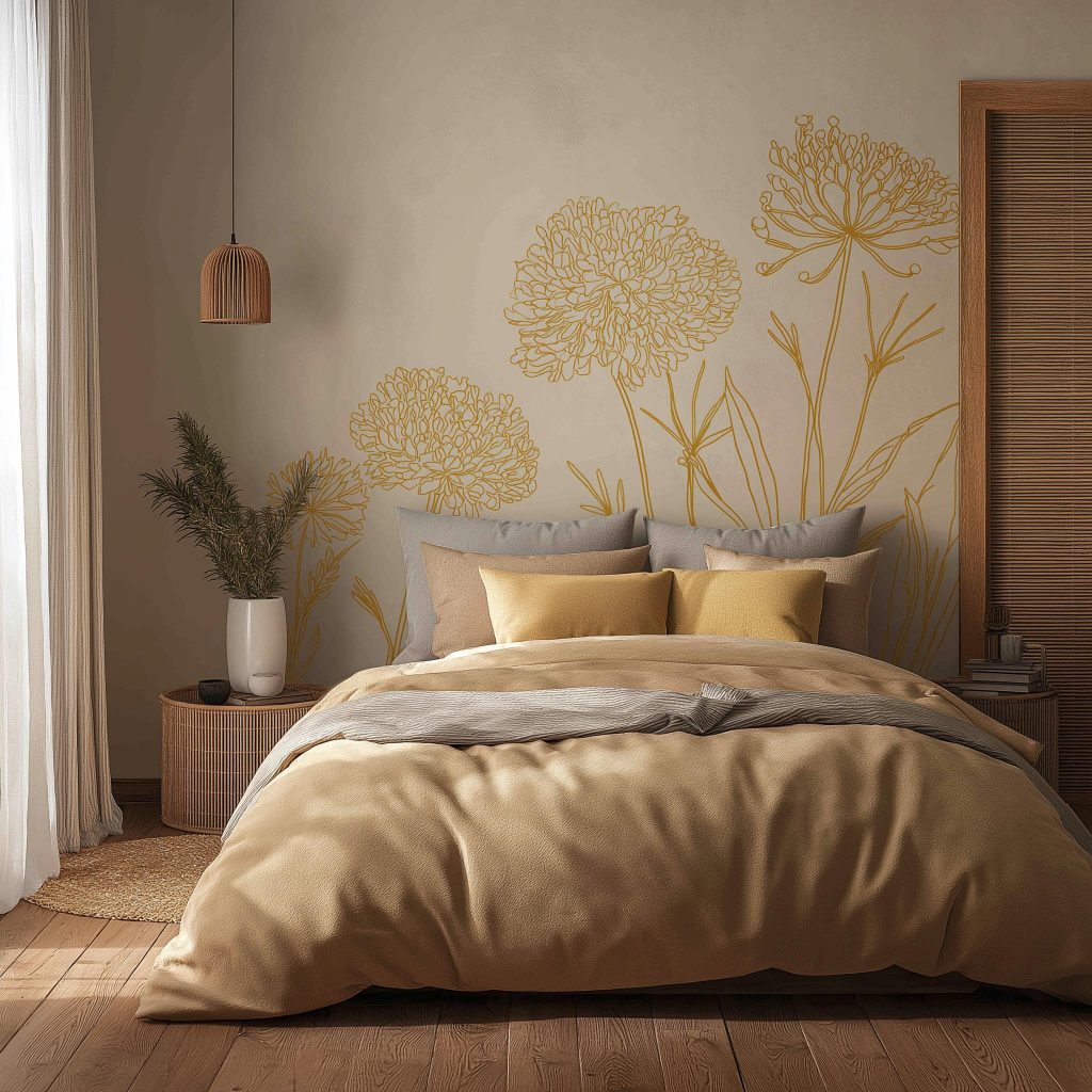 Golden floral outlines create the best wall painting design for bedroom rest and style.